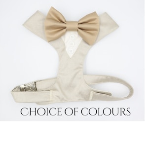 Tuxedo Wedding Dog Harness in Beige Silk Satin Antique Gold Bow Wedding Dog Tuxedo Outfit Chest Harness CHOICE of COLOURS Best Dog