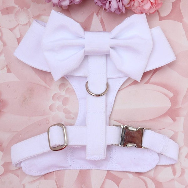 Wedding Dog Harness in White Shot Silk Satin with Cute White Bow  Wedding Dog Tuxedo Outfit Chest Harness CHOICE of COLOURS