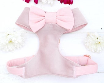 Velvet Dog Harness in Pale Dusky Pink Soft Velvet with Cute Bow with Rose Gold Fittings Other Colours Available Wedding Chest Harness