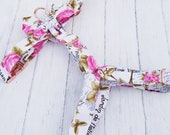 Valentines Day White Wedding Dog Harness in Pink Rose Floral Paris France Fabric with Cute Bow and Rose Gold Metal Fittings