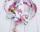 White Dog Leash Lead in Pink Rose Paris France Design with Cute Bow and Rose Gold Metal Fittings Wedding Dog