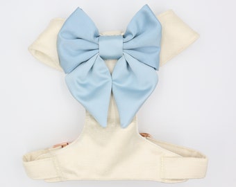 Wedding Dog Harness in Ivory White Shot Silk Satin with Dusty Blue Sailor Bow Wedding Dog Tuxedo Outfit Chest Harness CHOICE of COLOURS