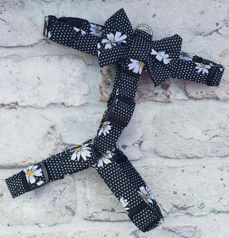 Dog Harness in Black Daisy Ditsy Floral with Cute Bow Etsy