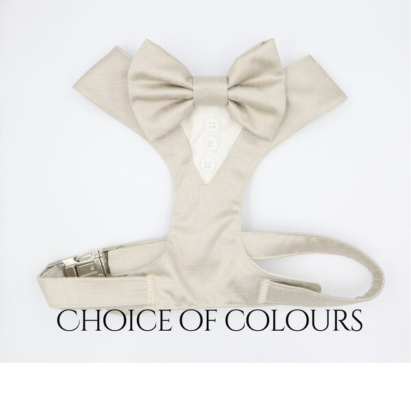 Tuxedo Wedding Dog Harness in Beige Natural Linen Colour Shot Silk Satin Bow Wedding Dog Tuxedo Chest Harness CHOICE of COLOURS