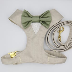 Tuxedo Wedding Dog Harness in Beige Natural Linen Colour Satin Bow Wedding Dog CHOICE COLOURS Ring Pillow ADD On Best Dog Made to Measure