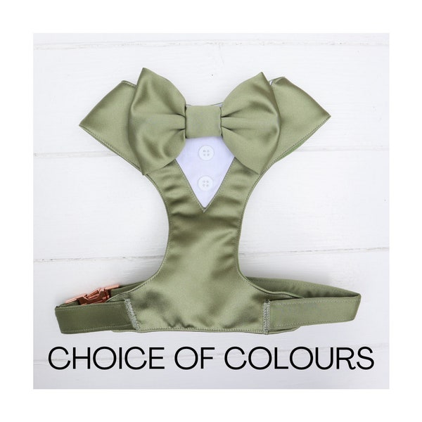 Tuxedo Wedding Dog Harness in Sage Green Silk Satin with Sage Bow Wedding Dog Tuxedo Outfit Chest Harness CHOICE of COLOURS