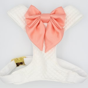 Wedding Dog Harness in Off White Ivory Cream Satin Quilted Design with Coral Sailor Bow Girl Dog Wedding CHOICE of COLOURS Made to Measure