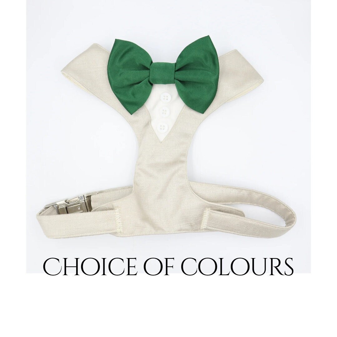 Tuxedo Wedding Dog Harness in Beige Natural Linen Colour Shot Silk