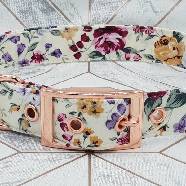 Traditional Metal Buckle Dog Collar in Lilac Rose Floral Design with Rose Gold Metal Fittings Silver also Available Fall Design