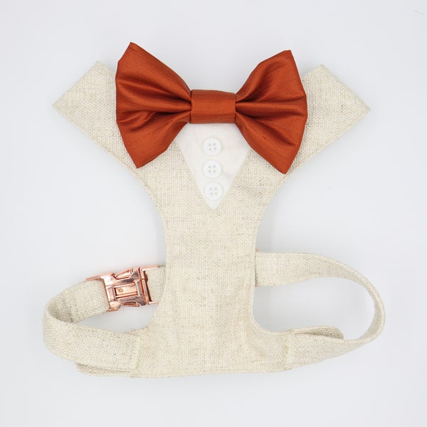 Tuxedo Wedding Dog Harness in Beige Natural Linen Colour TEXTURED Fabric with Rust Orange Silk Satin Bow Wedding Dog Harness CHOICE COLOURS