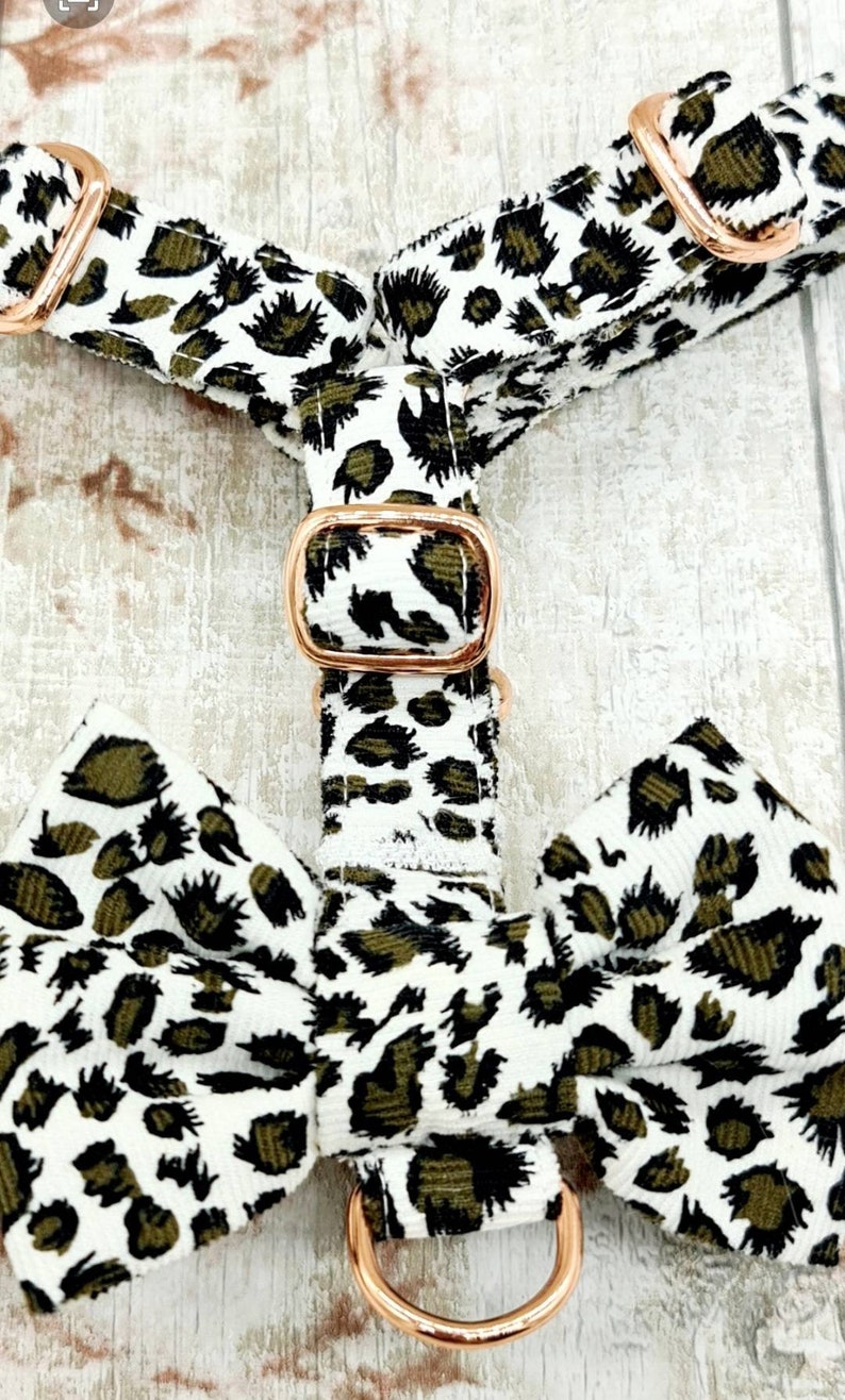 Dog Harness with Cute Bow in Leopard Print Soft Cord Fabric with Rose Gold Metal Fittings Silver Metal or Black Plastic Fittings
