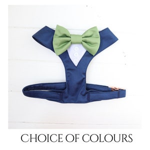 Tuxedo Wedding Dog Harness in Shot Silk Satin Cute Bow Navy Blue Sage Bow Wedding Dog Tuxedo Outfit Chest Harness CHOICE of COLOURS image 1