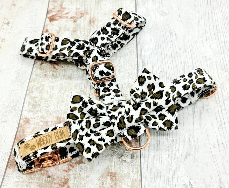 Dog Harness with Cute Bow in Leopard Print Soft Cord Fabric with Rose Gold Metal Fittings Silver Metal or Black Plastic Fittings