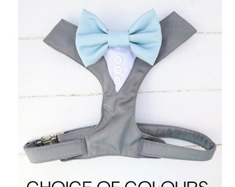 Tuxedo Wedding Dog Harness in Dark Grey Gray Silver Shot Silk Satin Dusty Blue Bow Wedding Dog Tuxedo Chest Harness CHOICE of COLOURS