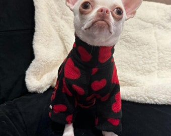 Dog Fleece Pyjamas Outfit Gift for Her Black Red Hearts Dog Fleece Pajamas Pyjamas can be Personalized Chihuahua Clothes Outfit Small Dog