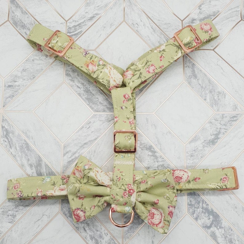 Dog Harness in Sage Green Floral Roses Design With Cute Bow Etsy