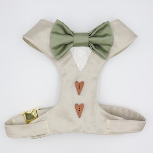 Tuxedo Wedding Dog Harness in Beige Natural Linen Colour Sage Satin Bow Wedding Dog CHOICE COLOURS Best Dog Made to Measure