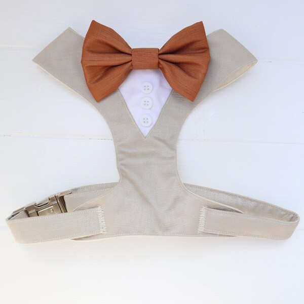 Tuxedo Wedding Dog Harness in Beige Natural Linen Colour Shot Silk Satin Copper Bow Wedding Dog Tuxedo Harness CHOICE of COLOURS Best Dog