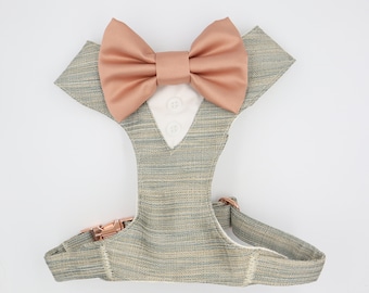 Tuxedo Wedding Dog Harness in Sage Beige Natural Linen Colour TEXTURED Fabric with Rose Gold Satin Bow Dog Harness CHOICE COLOURS