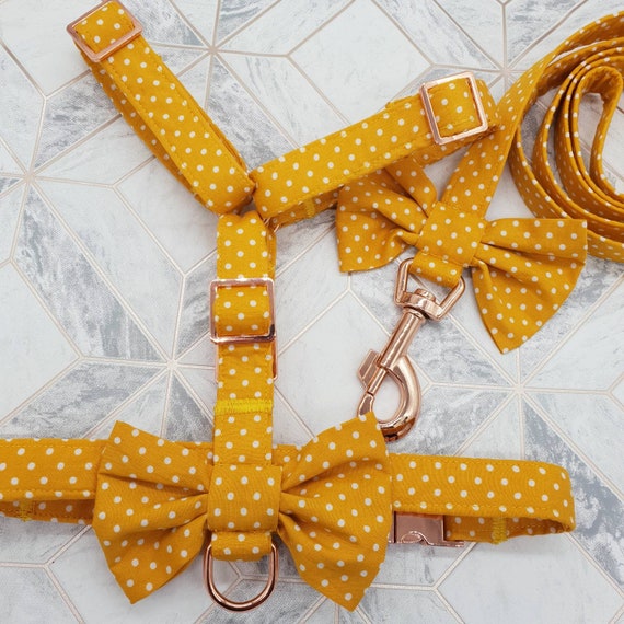Yellow Dog Harness and Lead Leash Set in Mustard Gold Polka Etsy