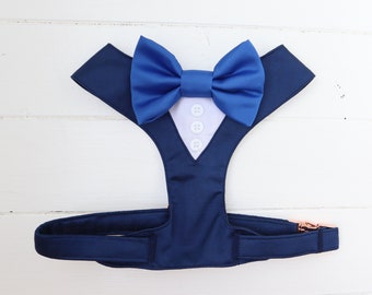 Tuxedo Wedding Dog Harness in Navy Blue Silk Satin Royal Blue Bow Wedding Dog Outfit Chest CHOICE of COLOURS Ring Pillow ADD On Best Dog