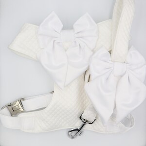 Wedding Dog Harness in Off White Ivory Cream Satin Quilted Design with White Sailor Bow Girl Dog Wedding CHOICE of COLOURS Made to Measure