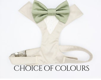 Tuxedo Wedding Dog Harness in Beige Natural Linen Colour Shot Silk Satin Sage Bow Wedding Dog Tuxedo Chest Harness CHOICE of COLOURS