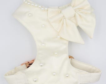 Wedding Dog Harness in Ivory White Silk Satin with Ivory White Sailor Bow and Pearls Wedding Dog Outfit  CHOICE of COLOURS Made to Measure