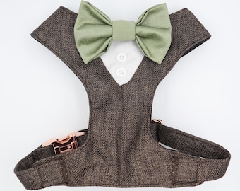 Wedding Dog Harness in Chocolate Brown Herringbone Colour Soft TWEED Style Sage Green Satin Bow Wedding CHOICE COLOURS Dog Wedding Outfit