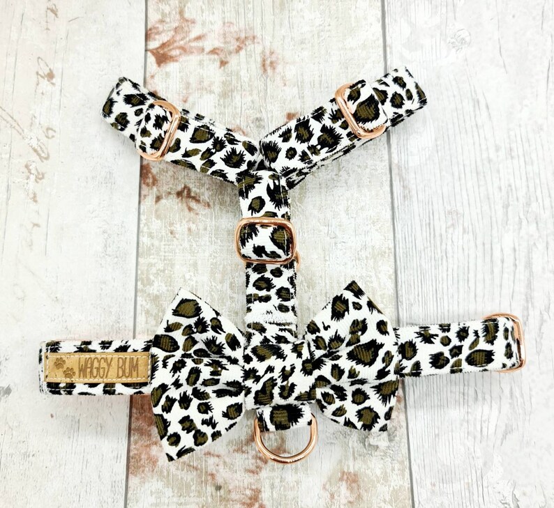Dog Harness with Cute Bow in Leopard Print Soft Cord Fabric with Rose Gold Metal Fittings Silver Metal or Black Plastic Fittings