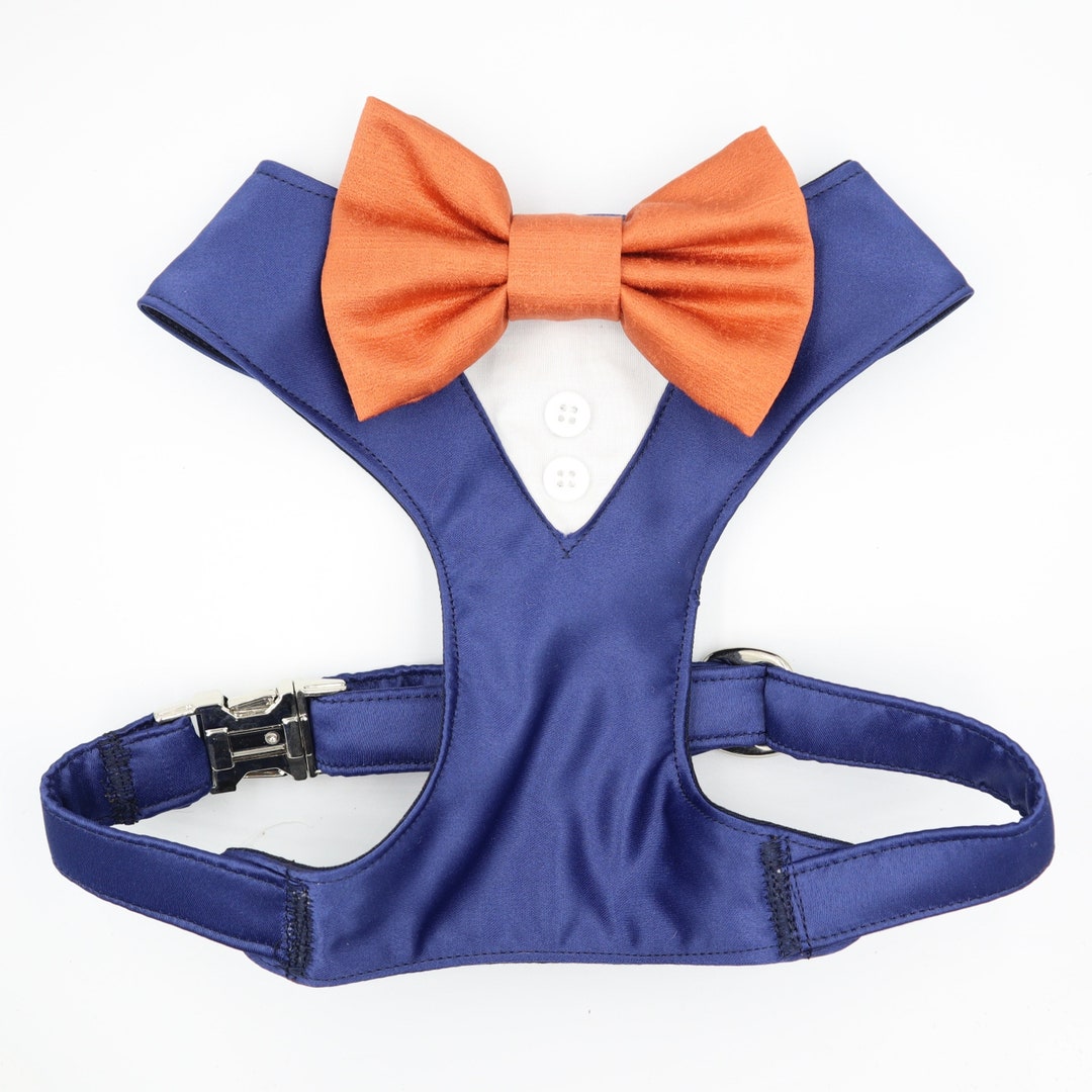 Tuxedo Wedding Dog Harness in Navy Blue Colour Silk Satin Burnt Orange