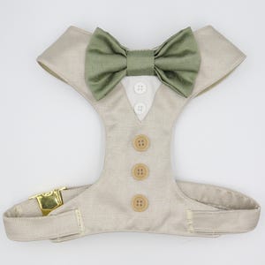 Tuxedo Wedding Dog Harness in Beige Natural Linen Colour Sage Satin Bow Wedding Dog CHOICE COLOURS Best Dog Made to Measure