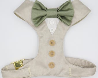 Tuxedo Wedding Dog Harness in Beige Natural Linen Colour Sage Satin Bow Wedding Dog CHOICE COLOURS Best Dog Made to Measure