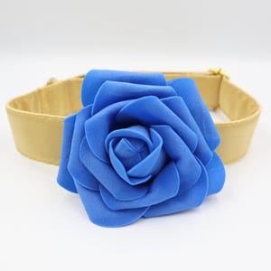 Wedding Dog Collar in Gold Satin with Blue Rose Flower CHOICE of Flower COLOURS  Made to Measure Bridesmaid Dog