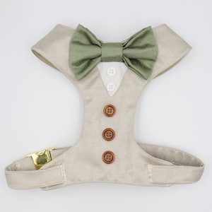 Tuxedo Wedding Dog Harness in Beige Natural Linen Colour Sage Satin Bow Wedding Dog CHOICE COLOURS Best Dog Made to Measure
