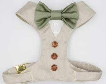 Tuxedo Wedding Dog Harness in Beige Natural Linen Colour Satin with Sage Green Bow Wedding Dog CHOICE COLOURS Best Dog Made to Measure