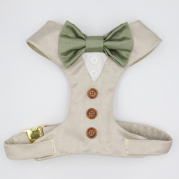 Tuxedo Wedding Dog Harness in Dark Beige Natural Linen Colour Satin Sage (4) Green Bow Wedding Dog CHOICE COLOURS Best Dog Made to Measure