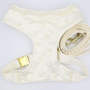 Wedding Dog Harness in Ivory White Silk Satin with Ivory Pearls Wedding Dog Outfit