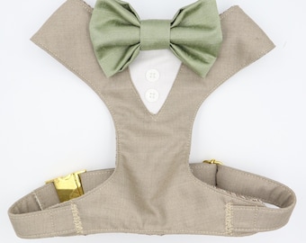 Beige Linen Wedding Dog Tuxedo Harness - Custom Made