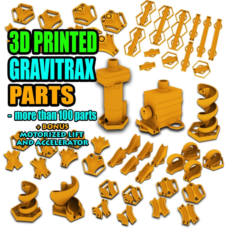 Pu&ograve; includere: Una collezione di pezzi in plastica arancione stampati in 3D per un set di binari GravityTrax. Il set include pezzi di binario dritti, curve, una spirale, un ascensore motorizzato e un acceleratore. Il testo sull'immagine recita "Pezzi GravityTrax stampati in 3D - pi&ugrave; di 100 pezzi + Bonus Ascensore motorizzato e acceleratore".