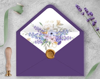 LILAC Purple Floral Wedding Invitation Envelope Liner, Printable Invite Envelope Inner Lining, Aesthetic Editable Instant Download Template