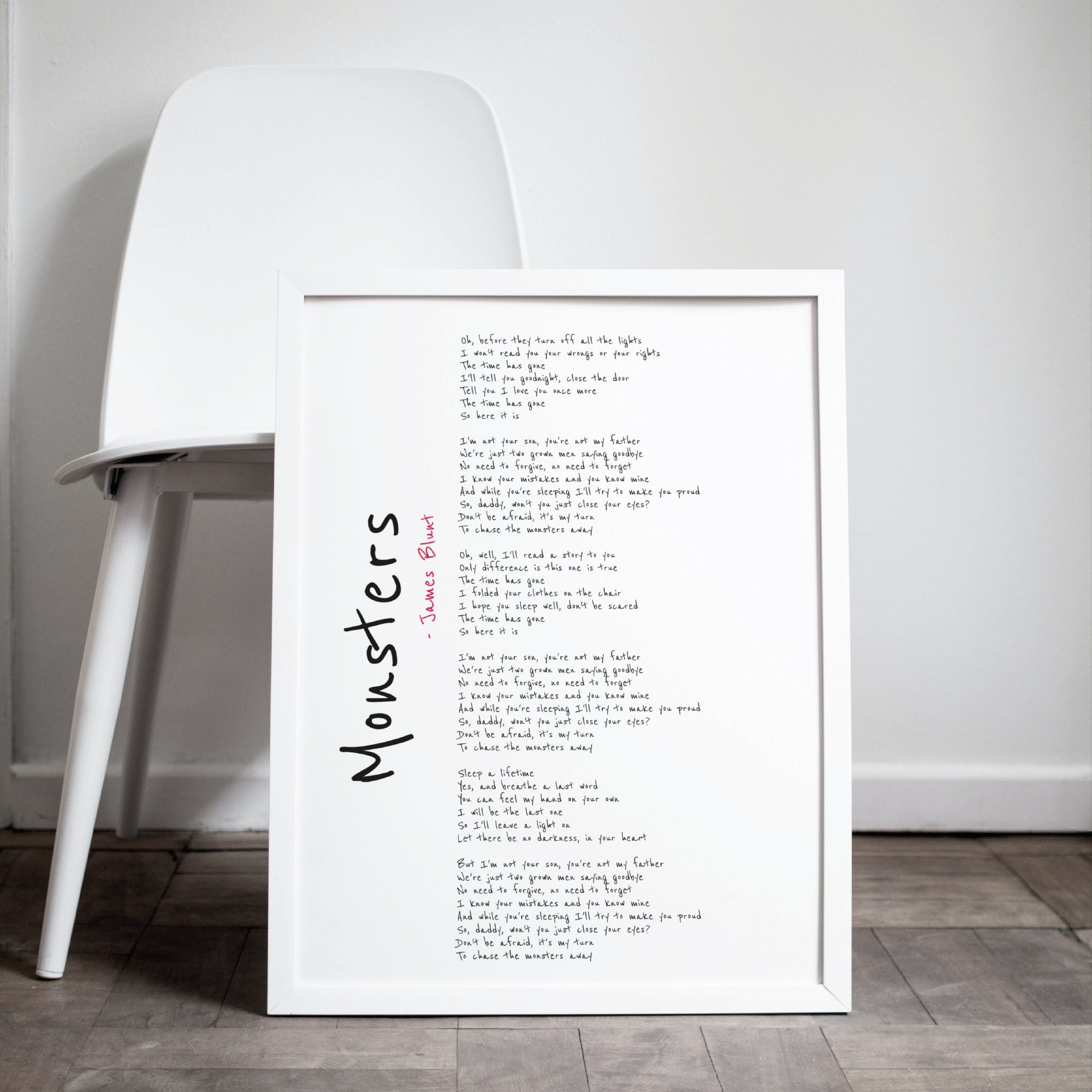 James Blunt Monsters Grey Rustic Script Song Lyric Wall Art Print - Red  Heart Print