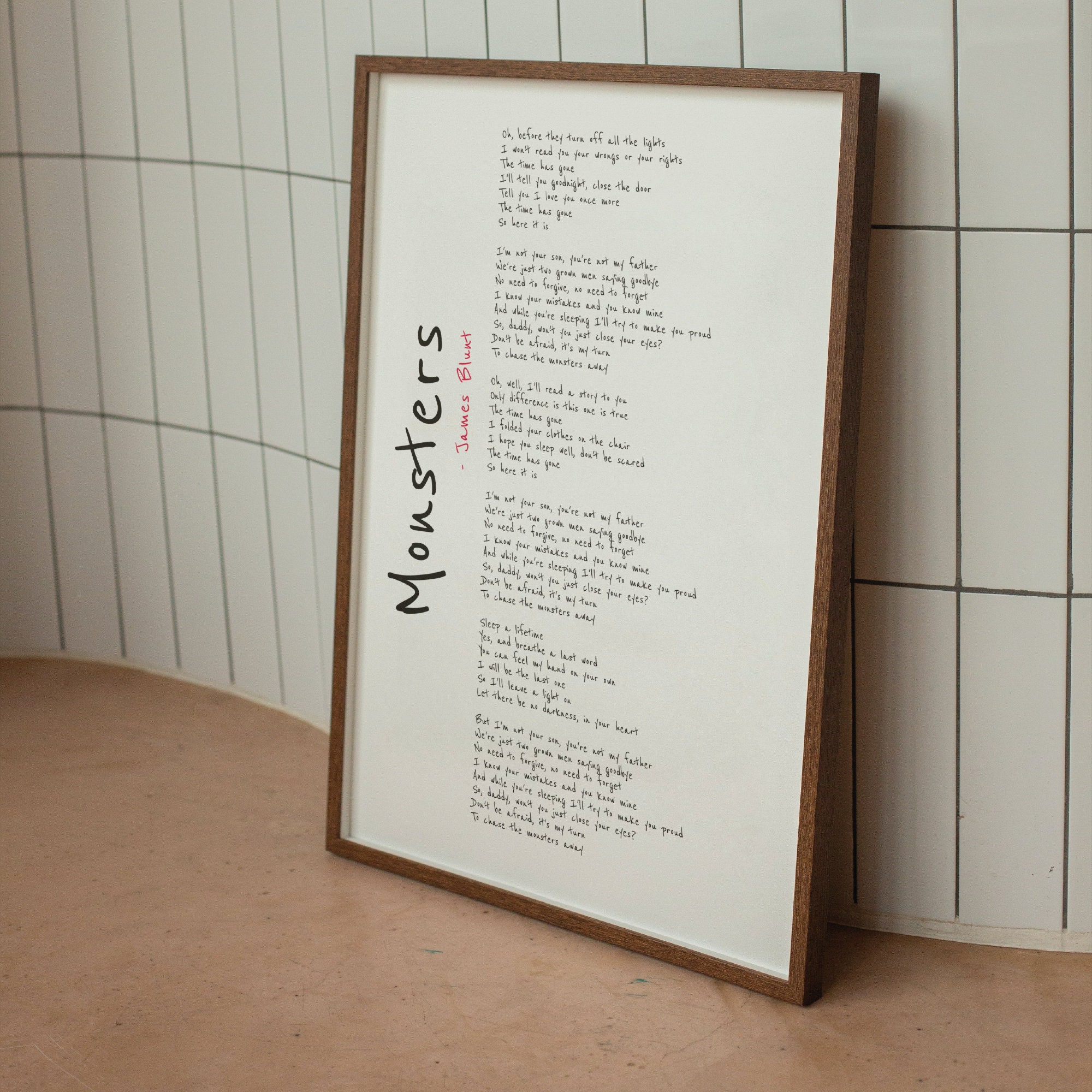 James Blunt Monsters Rustic Script Song Lyric Wall Art Print