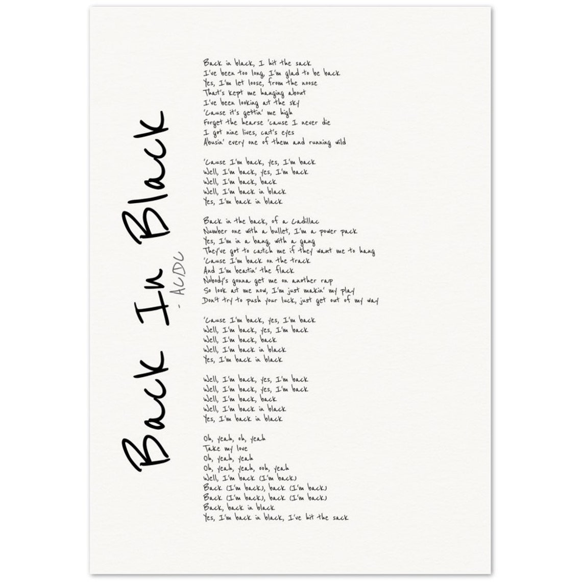 Back in Black Song Lyrics Ac/dc Music Lyrics Gift Back in Etsy UK