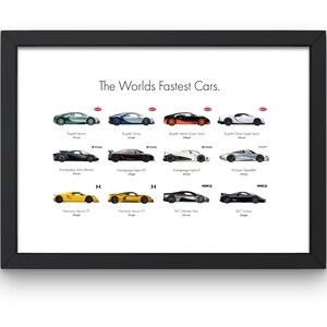 Car Poster Framed Print, Worlds Fastest Super Cars Decor, Gift For Car Lovers, Gift For Him, Race Car Poster, Bugatti, Koenigsegg, McLaren