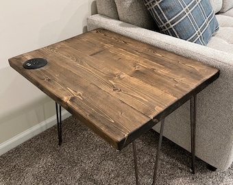 Handcrafted Solid Wood End Table with Charging Station | Bedside Nightstand