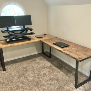 Custom L-Desk with Desktop Power Grommet & USB Built in Wireless Charger | Corner Desk with Metal Legs (Made in USA)