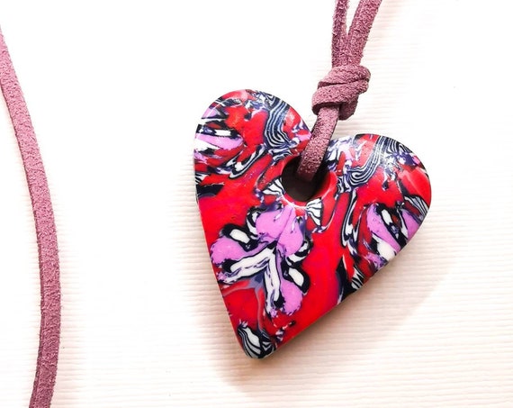 Cute, pink, red, purple and white heart pendant necklace