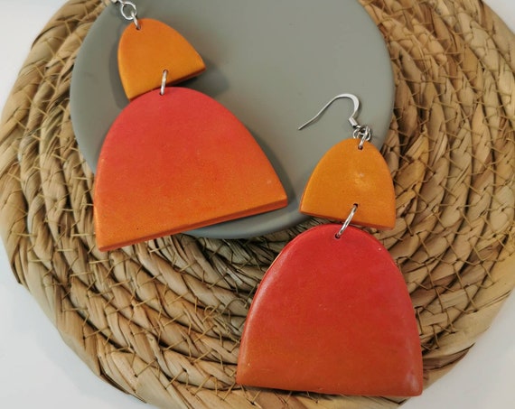Geometric, orange and red earrings