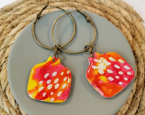 Handpainted, pomegranate, hoop earrings
